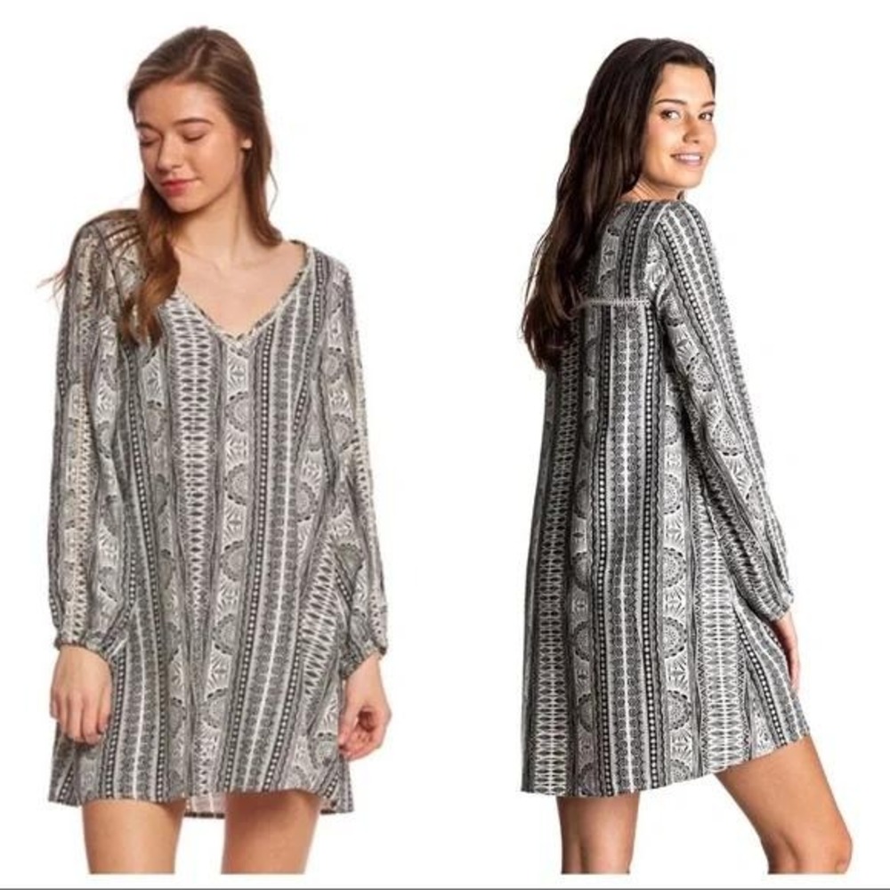 Roxy April Morning Long Sleeve V Neck Boho Pullover Mini‎ Dress Size Medium NWT